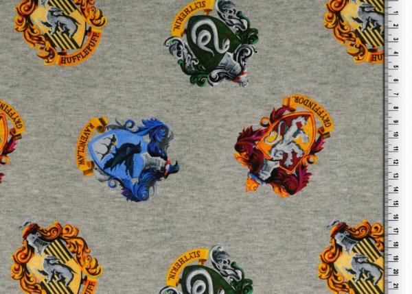  Baumwoll Jersey Harry Potter Wappen auf Hellgrau Melange